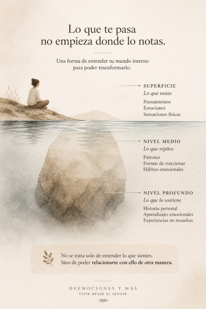 Infografía de psicología integrativa sobre el origen profundo del malestar emocional y los patrones repetitivos